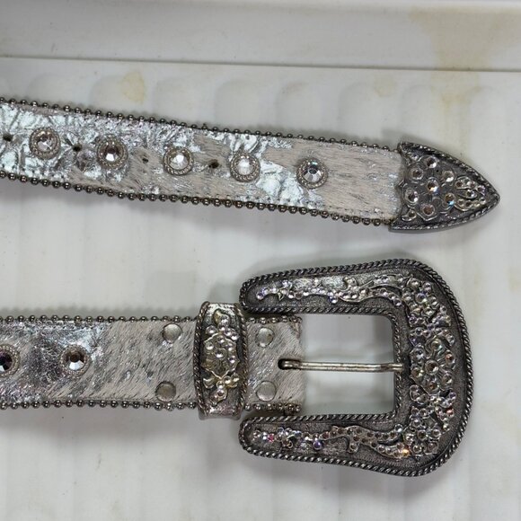 LEATHEROCK Womens Silver Metallic Belt Crystal Embellished Buckle & Studs 34M - Picture 6 of 13